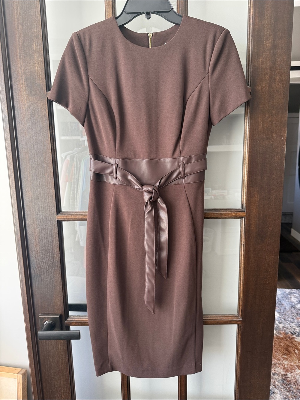 Calvin Klein Chocolate Brown Midi Sheath Dress with Faux-Leather Tie